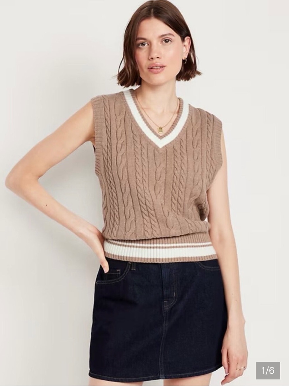 Old Navy Taupe Cable Knit V-Neck Sweater Vest with White Trim